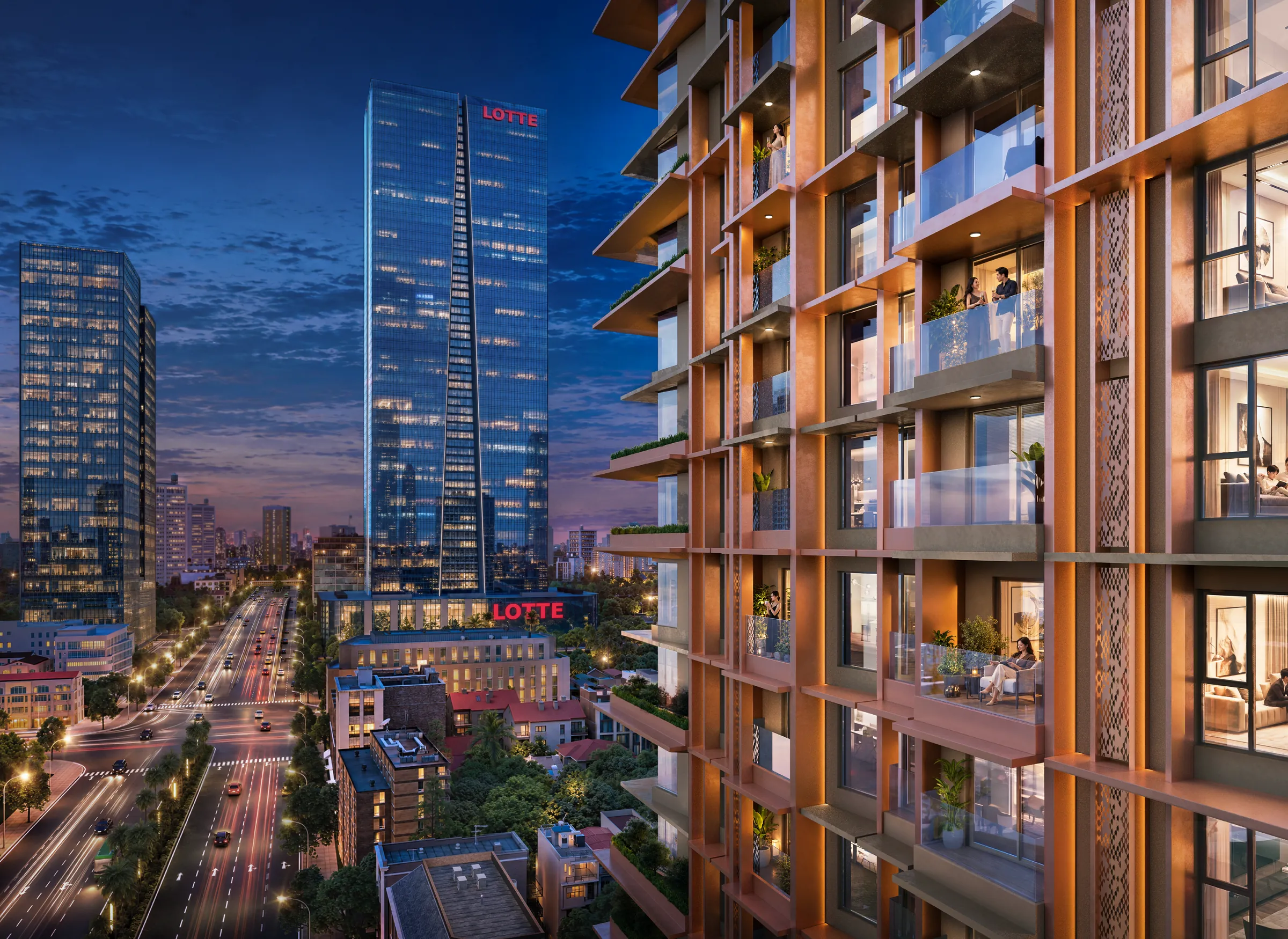 Mặt tiền The Legatus về đêm, hướng Lotte Center